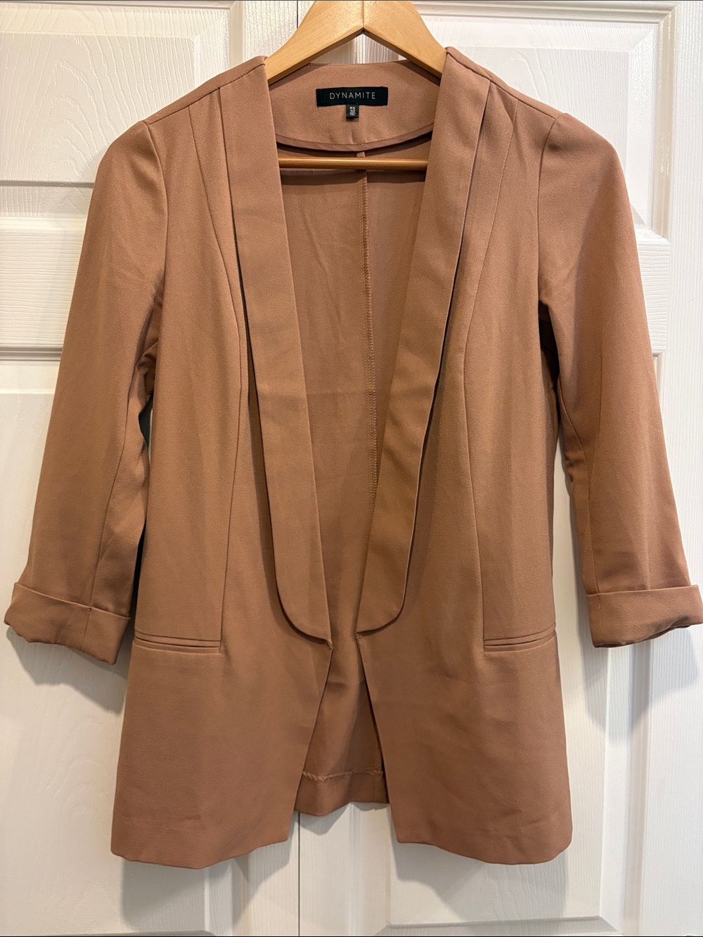 Dynamite Women's Tan Open-Front Blazer with Rolled Sleeves